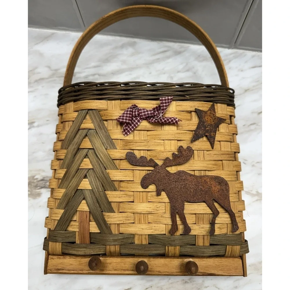 Woven Basket Wall Pocket Mail Holder With Key Hooks Cottagecore Grandmacore